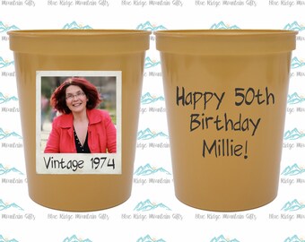50th Birthday Party Cups, Personalized Birthday Stadium Cup, Plastic Birthday Decorations, Vintage 1975, Custom Face Party Cup, UV Printed