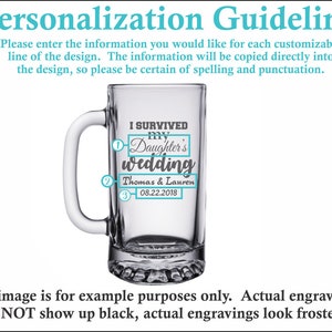 May include: A clear glass beer mug with a handle. The mug is engraved with the text "I survived my daughter's wedding" and the names "Thomas & Lauren" and the date "08.22.2018".