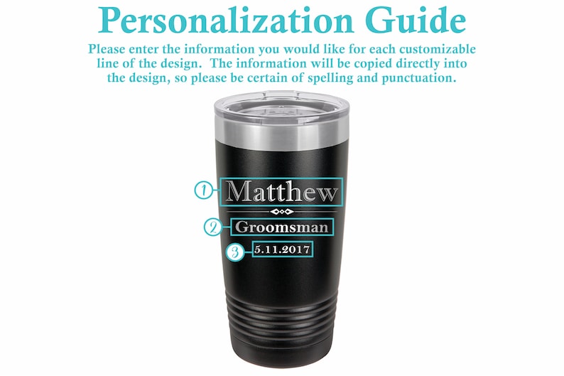 May include: Black stainless steel tumbler with a personalised inscription. The inscription reads "Matthew", "Groomsman", and "5.11.2017".