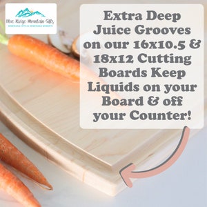May include: A close-up of a light wood cutting board with deep grooves around the edge. The board is 16x10.5 inches or 18x12 inches. The text on the image reads "Extra Deep Juice Grooves on our 16x10.5 & 18x12 Cutting Boards Keep Liquids on your Board & off your Counter!"