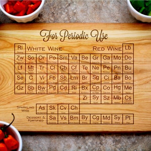 May include: A wooden cutting board with a periodic table design featuring different types of wine. The board is engraved with the words "For Periodic Use" and lists various wine types under the headings "White Wine" and "Red Wine".