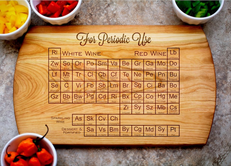 May include: A wooden cutting board with a periodic table design featuring different types of wine. The board is engraved with the words "For Periodic Use" and lists various wine types under the headings "White Wine" and "Red Wine".