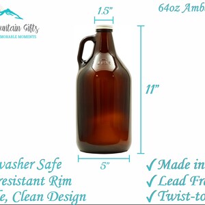 May include: A 64-ounce amber glass growler with a twist-top cap and a handle. The growler is 11 inches tall and 5 inches wide. It is dishwasher safe, chip-resistant, and made in America.