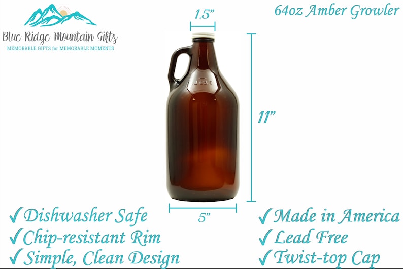 May include: A 64-ounce amber glass growler with a twist-top cap and a handle. The growler is 11 inches tall and 5 inches wide. It is dishwasher safe, chip-resistant, and made in America.