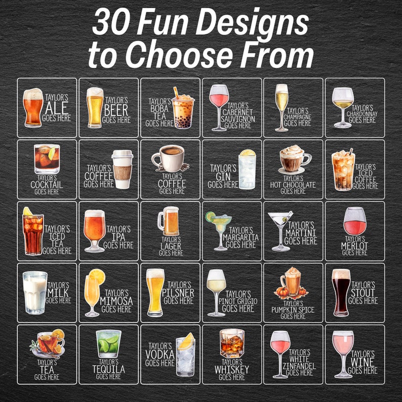 Pu&ograve; includere: Una lavagna con 30 diversi design di bevande, ognuno con un campo di testo personalizzabile che dice "Taylor's [Nome della bevanda] Goes Here". I design includono varie bevande alcoliche e analcoliche, come birra, vino, cocktail, caff&egrave;, t&egrave; e bibite.