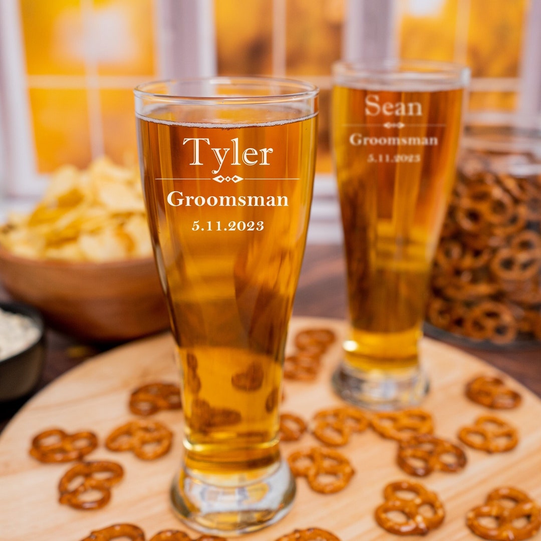 Beer Glass Set of 4, Groomsmen Gift, Custom Beer Glass, Personalized Pilsner Glass, Etched Beer