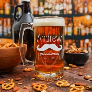 25oz Beer Stein for Groomsmen, 8 Moustache Beer Mugs, Groomsman Gift, Best Man Glass, Personalized Glass, Engraved Gift, Wedding Favor, Lip