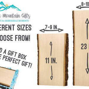 May include: Two wooden planks with natural edges, one measuring 7-9 inches wide by 11 inches long, and the other 8-10 inches wide by 23 inches long. The image includes the text "Blue Ridge Mountain Gifts" and "2 Different Sizes to Choose From!"