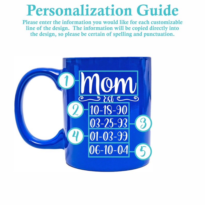 May include: A vibrant blue ceramic mug with a white design. The design includes the word "Mom" above a series of dates. The mug has a handle and the text "Personalization Guide" is at the top.