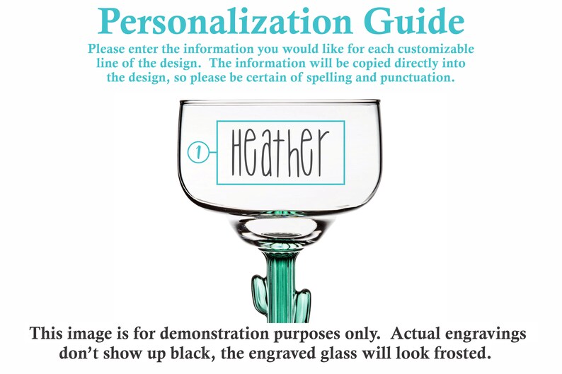 May include: A clear glass margarita glass with a cactus stem. The glass has a personalized inscription that reads "Heather".
