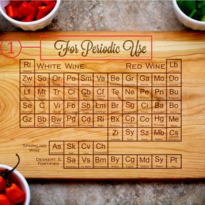 May include: A wooden cutting board with a periodic table design featuring different types of wine. The board is labeled "For Periodic Use" and includes the names of various wines, such as Sauvignon Blanc, Pinot Grigio, and Chardonnay.