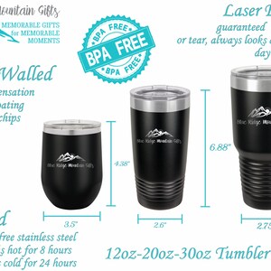 May include: Three black stainless steel tumblers with lids, featuring a mountain range design and the text "Blue Ridge Mountain Gifts". The tumblers are 12oz, 20oz, and 30oz, and are double-walled, vacuum insulated, and BPA and lead free. The tumblers are laser engraved, guaranteed to never wear or tear.