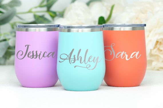 Custom Wine Tumbler, Bridesmaid Tumbler, Monogram Tumbler, Engraved Tumbler With Lid, Stemless Wine, Personalized Wine Gift, Stemless Wine