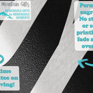 May include: A close-up of a silver metal surface with a blue and white logo that reads "Blue Ridge Mountain Gifts" and the text "MEMORABLE GIFTS for MEMORABLE MOMENTS". The image also includes two blue and white text boxes with the text "Permanent engraving! No stickers or screen printing that fade and peel over time" and "Lifetime guarantee on engraving!"