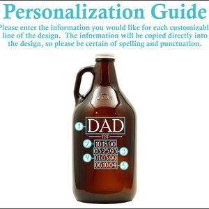 May include: A brown glass growler with a white label that says "DAD EST" and has a list of dates: 10.18.90, 03.25.93, 01.03.99, 06.10.04.