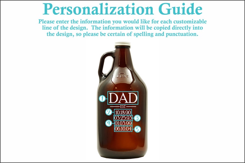 May include: A brown glass growler with a white label that says "DAD EST" and has a list of dates: 10.18.90, 03.25.93, 01.03.99, 06.10.04.