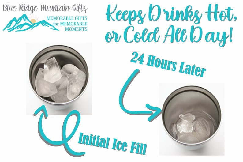 May include: Two stainless steel cups with ice. The cup on the left is labeled "Initial Ice Fill". The cup on the right is labeled "24 Hours Later". The ice in the cup on the right has melted slightly. The text "Keeps Drinks Hot, or Cold All Day!" is at the top of the image.