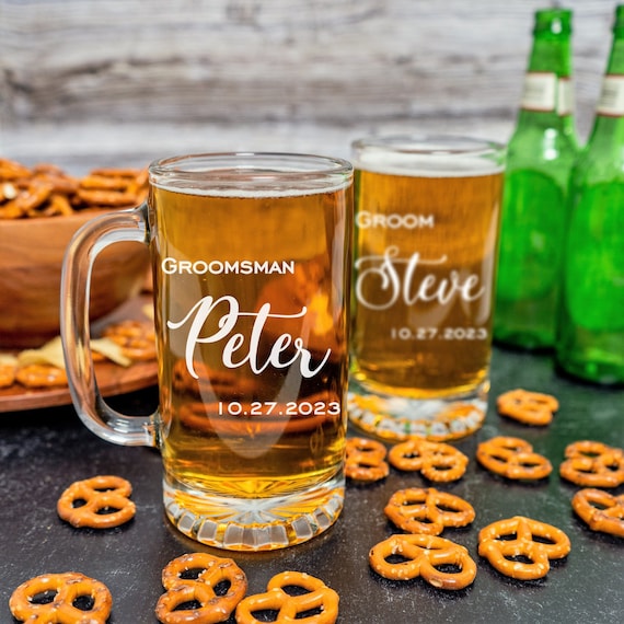 Glass Mugs Set of 4, Beer Lover Gifts, Groomsmen Gifts, Best Man Gift,  Wedding Party Gift, Groomsman Gift, Beer Mugs, Father of the Groom 