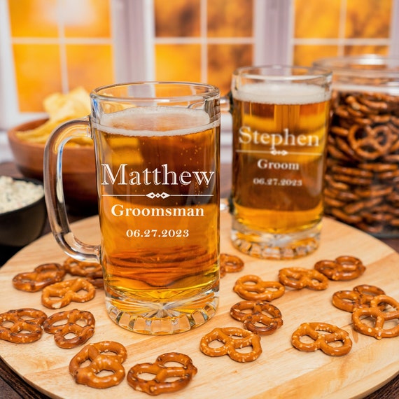 Beer Mugs Set of 8, Engraved Glassware, Wedding Favors, Groomsman Gift,  Best Man, Home Bar,Father of the Bride, For Guys, Stein, Groom Gift