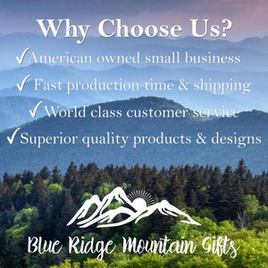 May include: Image features the text "Why Choose Us?" with a mountain range backdrop. The text highlights "American owned small business," "Fast production time & shipping," "World class customer service," and "Superior quality products & designs."