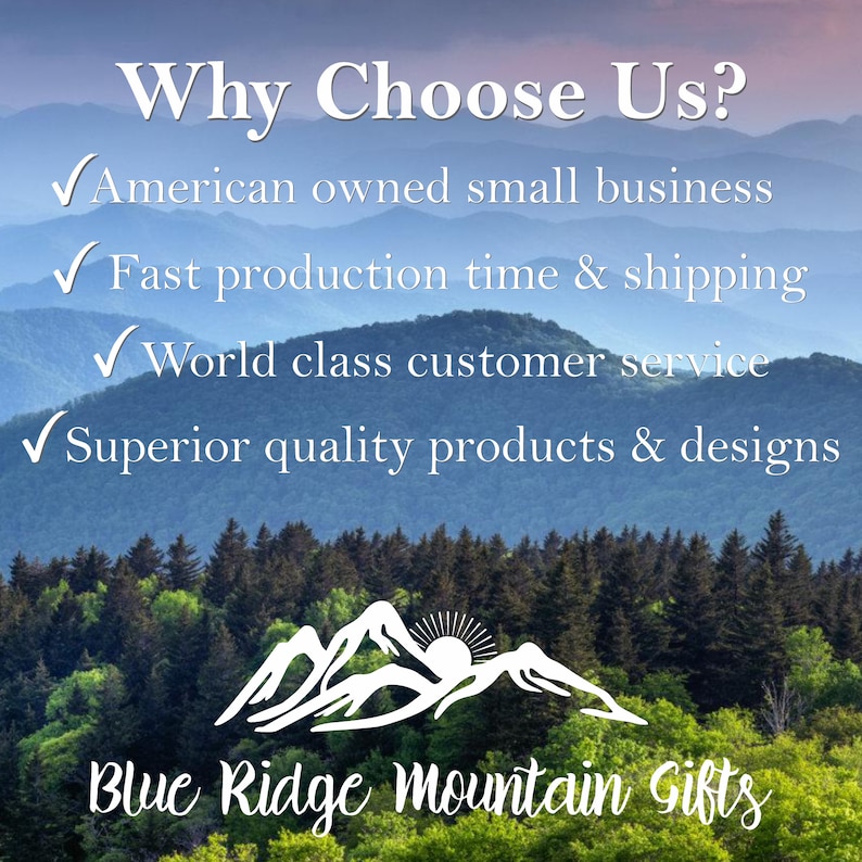 May include: Image features the text "Why Choose Us?" with a mountain range backdrop. The text highlights "American owned small business," "Fast production time & shipping," "World class customer service," and "Superior quality products & designs."