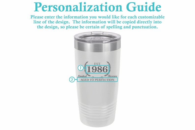May include: White stainless steel tumbler with a black and white design that says "EST. 1986 Limited Reserve AGED TO PERFECTION".