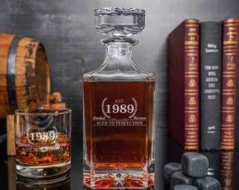 1989 Birthday Decanter, Whiskey Decanter & Whiskey Glasses, Spirits Decanter, Milestones, Bourbon, Established 1989, Birthday Gift for Him