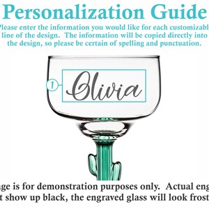 May include: A clear glass margarita glass with a green cactus stem. The glass is personalized with the name "Olivia" in a cursive font.