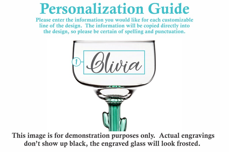 May include: A clear glass margarita glass with a green cactus stem. The glass is personalized with the name "Olivia" in a cursive font.