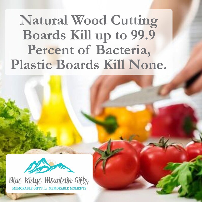 May include: A close-up of a wooden cutting board with vegetables, including tomatoes, peppers, and lettuce. The text "Natural Wood Cutting Boards Kill up to 99.9 Percent of Bacteria, Plastic Boards Kill None." is displayed above the image. The text "Blue Ridge Mountain Gifts MEMORABLE GIFTS for MEMORABLE MOMENTS" is displayed below the image.