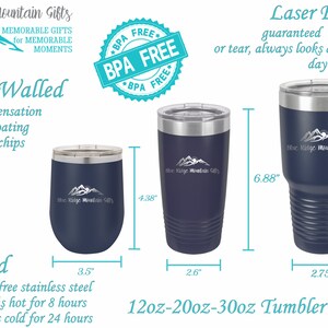 May include: Three stainless steel tumblers with lids in different sizes. The tumblers are navy blue with a white mountain range design and the text "Blue Ridge Mountain Gifts". The tumblers are 12oz, 20oz, and 30oz. The tumblers are double-walled, vacuum insulated, and BPA and lead free. The tumblers are laser engraved and guaranteed to never wear or tear.