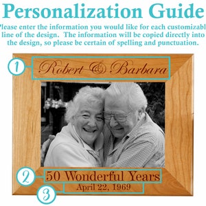 May include: A wooden picture frame with a black and white photo of an older couple. The frame has a personalized inscription that reads "Robert & Barbara", "50 Wonderful Years", and "April 22, 1969".