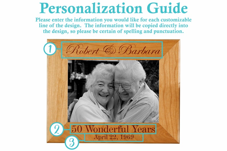 May include: A wooden picture frame with a black and white photo of an older couple. The frame has a personalized inscription that reads "Robert & Barbara", "50 Wonderful Years", and "April 22, 1969".