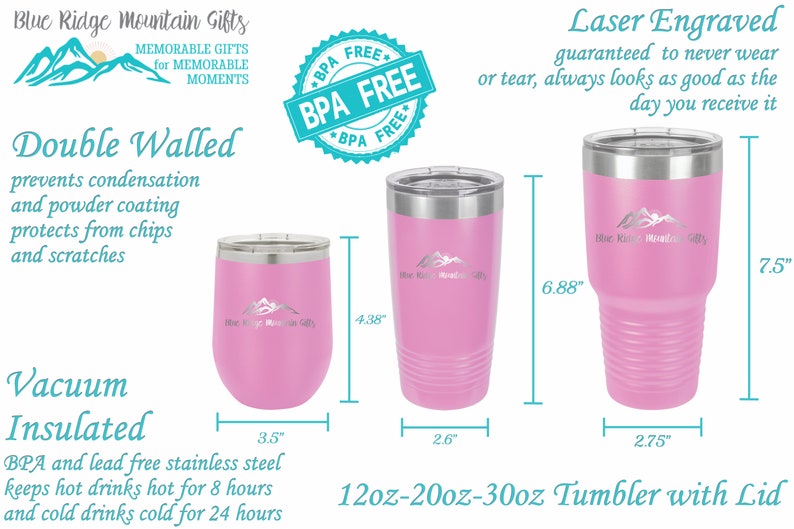 Puede incluir: Tres vasos de acero inoxidable rosa con tapas, que presentan un dise&ntilde;o de cordillera y el texto "Blue Ridge Mountain Gifts". Los vasos son de 12 oz, 20 oz y 30 oz. Los vasos son de doble pared, aislados al vac&iacute;o y sin BPA ni plomo. Los vasos est&aacute;n grabados con l&aacute;ser y garantizan que nunca se desgasten ni se desgarren. Los vasos miden 11,1 cm de alto, 6,6 cm de ancho y 17,5 cm de alto, 7 cm de ancho y 19 cm de alto, 7 cm de ancho.