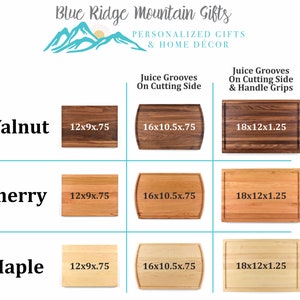 May include: Three different wood types of cutting boards are shown: walnut, cherry, and maple. Each wood type is available in three sizes: 12x9x.75 inches, 16x10.5x.75 inches, and 18x12x1.25 inches. The cutting boards have juice grooves on the cutting side and handle grips.