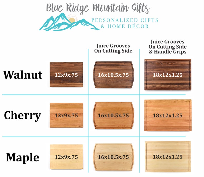 May include: Three different wood types of cutting boards are shown: walnut, cherry, and maple. Each wood type is available in three sizes: 12x9x.75 inches, 16x10.5x.75 inches, and 18x12x1.25 inches. The cutting boards have juice grooves on the cutting side and handle grips.