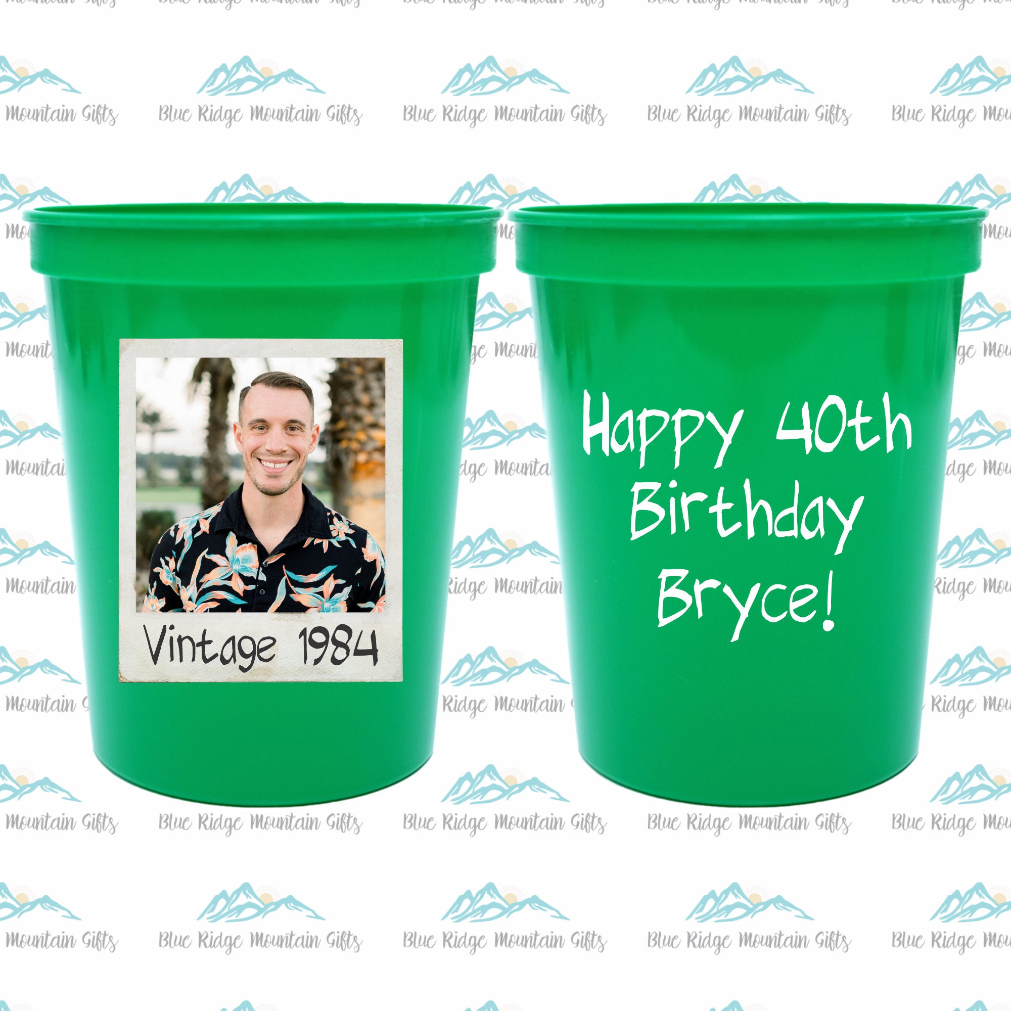 40th Birthday Party Cups, Personalized Birthday Stadium Cup, Plastic Birthday Decorations, Vintage 1985, Custom Face Party Cup, UV Printed