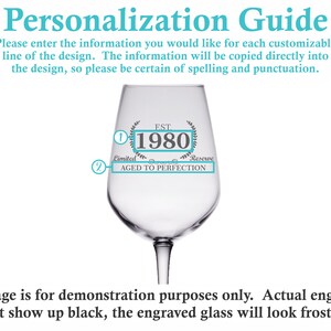 May include: A clear wine glass with a frosted design that says "EST 1980 Limited Reserve AGED TO PERFECTION".