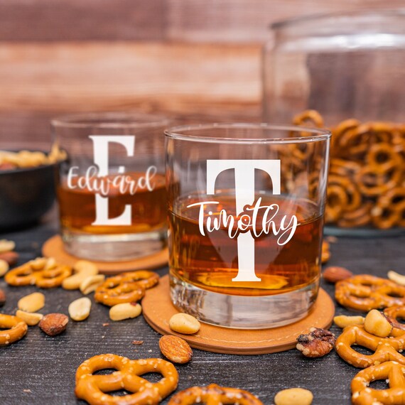 Personalized Whiskey Glasses Set Of 2 - Custom Monogram Old Fashioned Bourbon Glasses 10.25 Oz