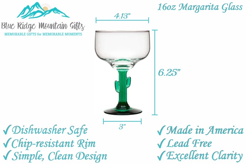 Op de afbeelding: 16 ounce margarita glas met een cactussteel. Het glas is 15,9 cm hoog en 10,5 cm breed. Het is vaatwasmachinebestendig, schilferbestendig en gemaakt in Amerika.