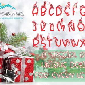 May include: Red and white striped Christmas hat alphabet letters. The letters are in a festive font and are perfect for holiday crafts and decorations.  Blue Ridge Mountain Gifts.  MEMORABLE GIFTS for MEMORABLE MOMENTS.