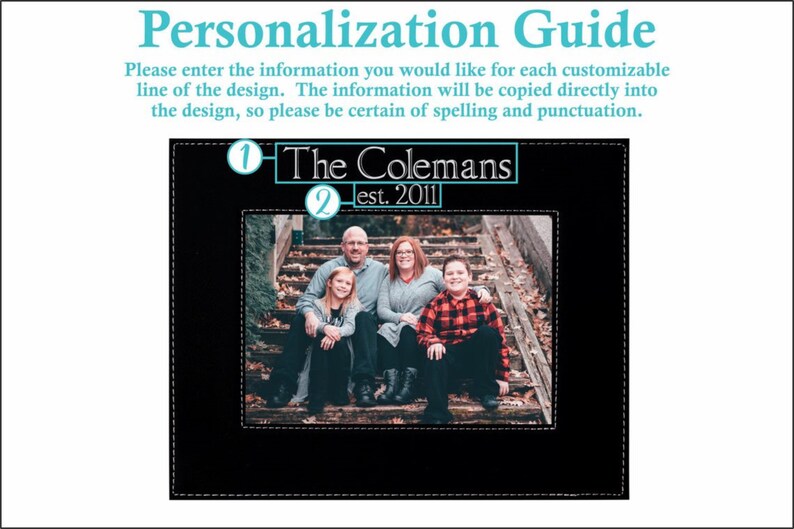K&ouml;nnte beinhalten: Ein schwarzer gerahmtes Foto mit einer vierk&ouml;pfigen Familie, die auf einer Treppe sitzt. Das Foto hat einen wei&szlig;en Rahmen und den Text "The Colemans est. 2011" &uuml;ber dem Foto.