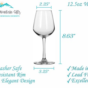 May include: A clear glass wine glass with a 2.25 inch diameter and 8.63 inch height. The glass is dishwasher safe, chip-resistant, and has a simple, elegant design. It is made in America, lead-free, and has excellent clarity. The glass holds 12.5 ounces.