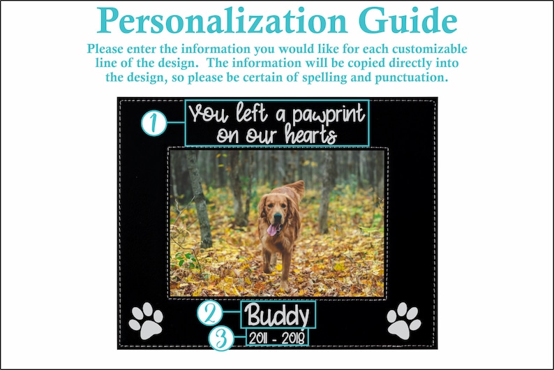 May include: A black and white pet memorial with a photo frame, paw prints, and the text "You left a pawprint on our hearts" and "Buddy 2011-2018".