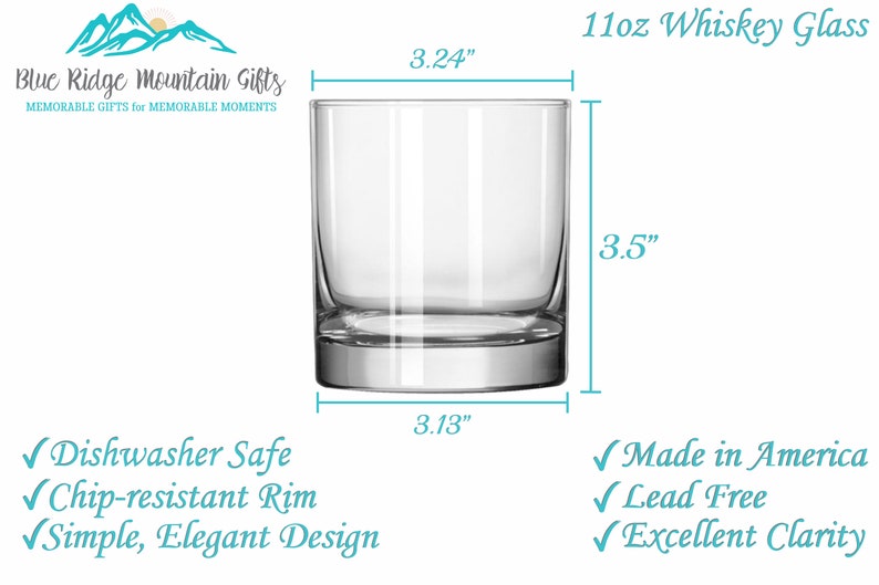 May include: A clear glass whiskey tumbler with a 3.24 inch diameter and 3.5 inch height. The glass is dishwasher safe, chip-resistant, and made in America. It is lead-free and has excellent clarity.