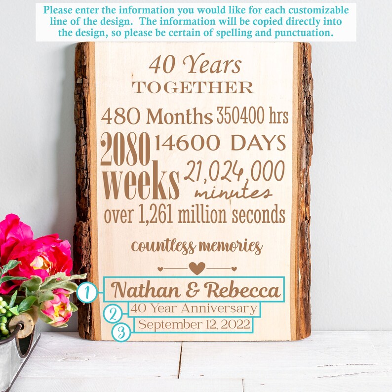 May include: A wooden plaque with a natural edge, featuring the text "40 Years Together." It includes the names "Nathan & Rebecca," "40 Year Anniversary," and the date "September 12, 2022." The plaque displays calculations of time.