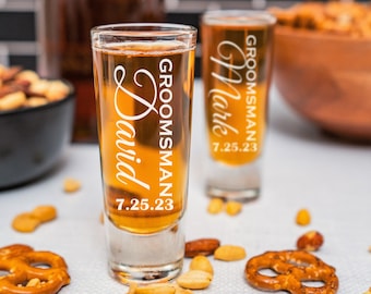 Personalized Shot Glass, Wedding Favor, Bridal Party, Usher Gift, Maid of Honor, Bridesmaid, Mother of the Bride, Engraved, Custom, Best Man