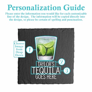 Pu&ograve; includere: Sottobicchiere in ardesia nera con un design personalizzato che presenta un bicchiere di tequila con spicchi di lime. Il testo recita "TAYLOR'S TEQUILA GOES HERE".