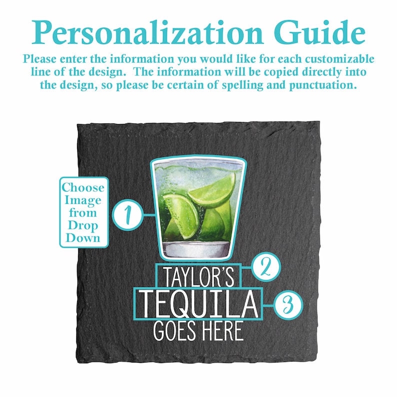 Pu&ograve; includere: Sottobicchiere in ardesia nera con un design personalizzato che presenta un bicchiere di tequila con spicchi di lime. Il testo recita "TAYLOR'S TEQUILA GOES HERE".