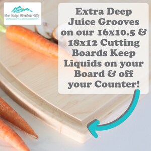 May include: A close-up of a light wood cutting board with deep grooves around the edges. The board is 16x10.5 inches and 18x12 inches. The text "Extra Deep Juice Grooves on our 16x10.5 & 18x12 Cutting Boards Keep Liquids on your Board & off your Counter!" is written in black text on a white background.
